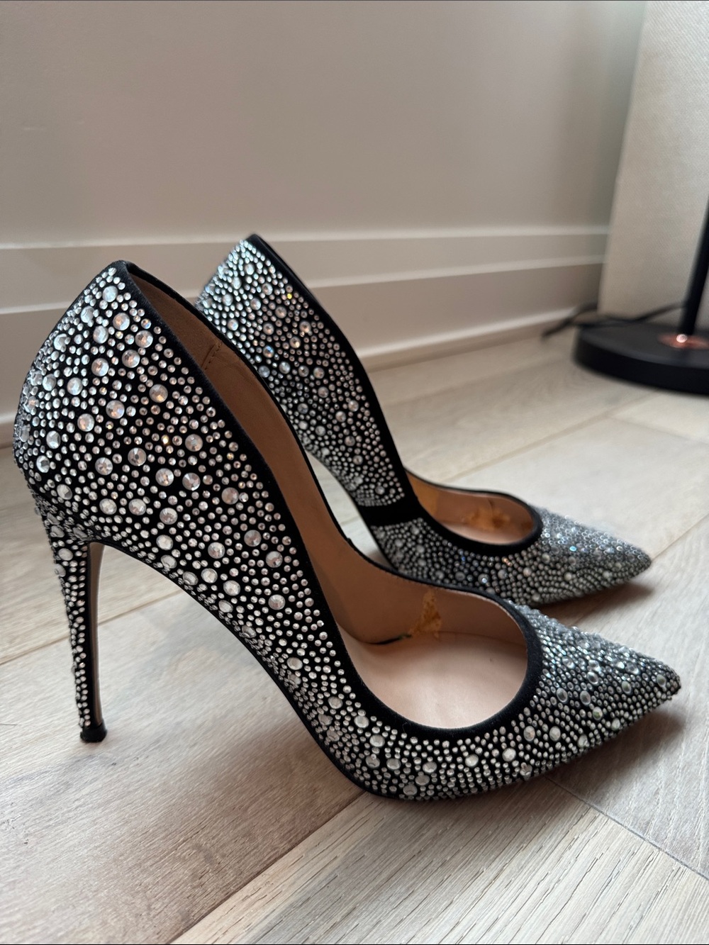 Black Crystal Embellished Pointed-Toe Stiletto Pumps- Jonak